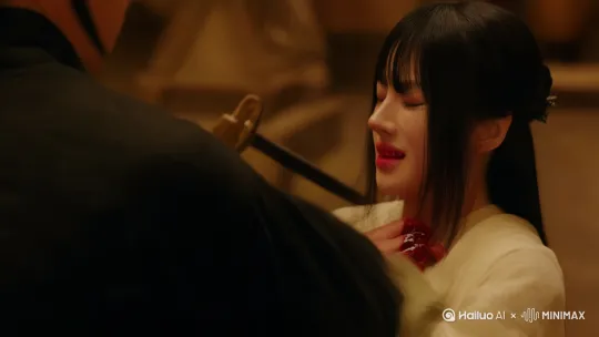 女主角被一剑穿心，向后倒在我怀里，被我横抱在怀里，女生正脸在我俯视视角的正下方，女生表情痛苦，口吐鲜血。我的俯视视角:女生正脸朝向我，头向后靠在我的臂弯里。女生嘴角流血，说着遗言我不行了。我的俯视视角:最后女生痛苦的闭上眼睛（镜头推进给正脸特写），头向后仰，死在我怀里。 by Hailuo AI Video Generator