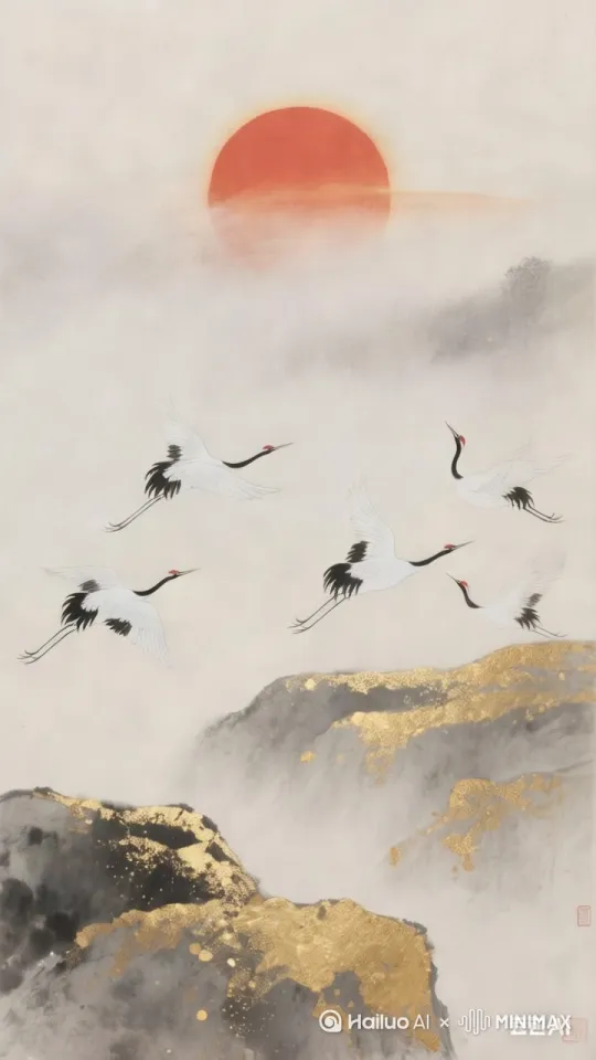 红日慢慢升起，仙鹤齐飞 by Hailuo AI Video Generator