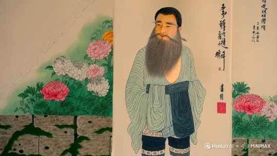 以下是根据描述生成的水墨画方案建议:
一、画面构图:
1. 采用立轴全景式构图,主体人物位于画面中轴线偏右位置
2. 人物与背景园林形成前中后三重空间关系
3. 背景石墙以淡墨勾勒于画面左上角,形成对角线构图
二、人物刻画:
1. 面部处理:
- 以枯笔侧锋勾勒面部轮廓
- 淡赭石晕染肤色,焦墨点画眉眼
- 长须用游丝描呈现飘逸质感
2. 服饰表现:
- 上衣以"泼白法"留白,披帛用淡花青渲染
- 束带以浓墨干笔皴擦出皮质质感
- 裤装运用积墨法表现靛蓝层次
- 绑腿纹样采用篆书笔意简化处理
三、环境元素:
1. 前景石板:
- 斧劈皴表现石纹
- 苔点用石绿点缀
2. 中景花丛:
- 没骨法绘制牡丹、菊花
- 胭脂、藤黄、朱磦点染花瓣
- 浓墨勾勒枝叶骨线
3. 背景园林:
- 树木以米点皴表现茂密感
- 远景墙垣施以淡赭墨
- 飞白笔法暗示墙砖肌理
四、动态处理:
1. 人物重心微微前倾,左脚虚步暗示起势动作
2. 衣纹走向随动作产生弧度变化
3. 披帛飘动方向与须髯形成呼应
五、水墨技法:
1. 整体以"吴带当风"笔法为主
2. 结合小写意与工笔技法
3. 运用"五墨六彩"层次:
- 浓墨勾线
- 淡墨渲染山石
- 焦墨点苔
- 宿墨表现衣纹古拙感
六、意境营造:
1. 通过虚实对比突出"静中寓动"主题
2. 人物神态与园林环境形成"天人合一"意境
3. 晨雾效果以湿画法表现,增强空间纵深感
建议在绘制时注意保持水墨的流动性,人物造型可参考陈洪绶人物画的变形趣味,环境处理可融入倪瓒的疏淡格调,形成刚柔相济的视觉效果。 by Hailuo AI Video Generator