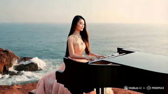一个长发飘飘的中国美女在海边弹钢琴，海水轻轻拍打着岸边，电影质感。 by Hailuo AI Video Generator
