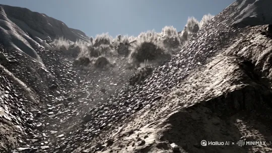 灾难追逐（30s）
主体：山体滑坡碎石流追袭镜头
场景：倾斜的山坳小道/崩落的碎石块
风格：无人机俯冲视角与地面跟拍切换
质量词：粒子特效模拟飞溅碎石与尘雾


[下摇,跟随]
4:3 by Hailuo AI Video Generator
