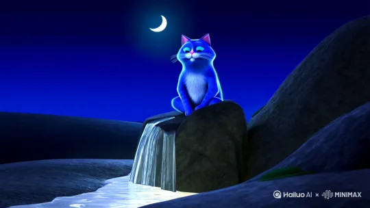 3D卡通风格，夜晚、月如钩，月光如水。蓝色胖猫坐在一颗巨石上打坐调息。[左移,上升] by Hailuo AI Video Generator