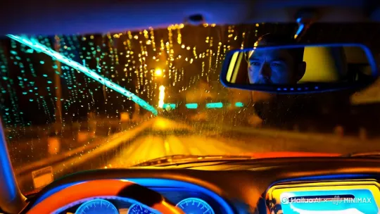 雨夜驾驶镜头,冷色调霓虹光晕,4K超清画质,挡风玻璃密集雨滴特写,皮革方向盘手握细节,仪表盘幽蓝背光,后视镜中男性锋利下颌线,车内外光影交错,雨水在玻璃形成光学折射,暗部保留细节,高动态范围,赛博朋克风格青橙色调,背景虚化的城市雨夜街景,镜头有轻微呼吸感,强调金属/皮革/雨水的材质表现,氛围沉静而充满张力" by Hailuo AI Video Generator