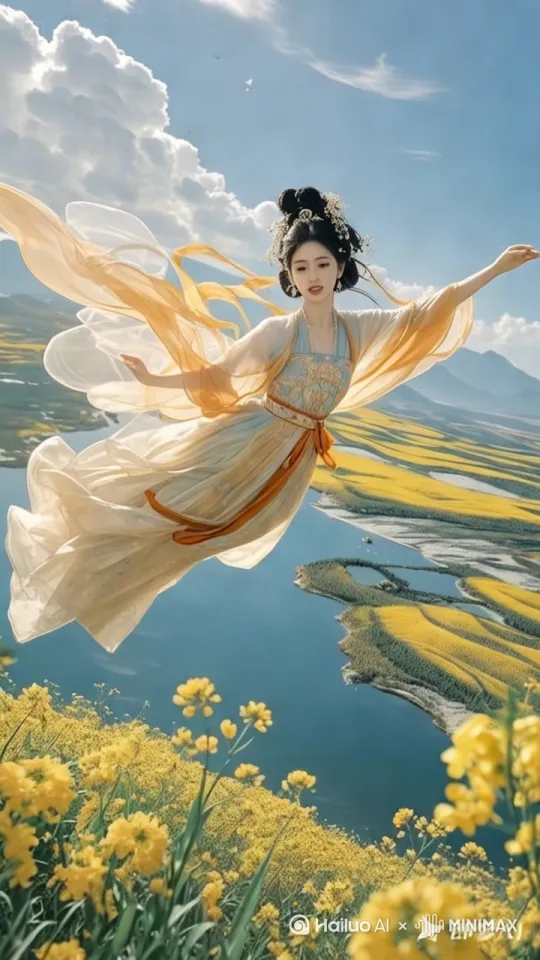 快速高空跟踪镜头移动，无人机视角，
一个超现实的高速梦境序列相机紧密跟
踪，相机从略高位置的俯视角度紧密跟
踪从左后方向右后方移动，随着角色迅
速穿越场景。环境是动态的，超级快速
变化。人物像仙女一样飞向空中，飞的
很高，轻松地在空中向前快速滑行，双
臂向两侧伸展，头部向前捕捉平滑水平
飞行的感觉。头发、衣服随风摇摆下面
有跟图片中同样的山顶，脚后持续冒着
烟雾，就像喷气机一样，运动模糊和光
迹增强了速度感和流畅性。超级快速移动。 by Hailuo AI Video Generator