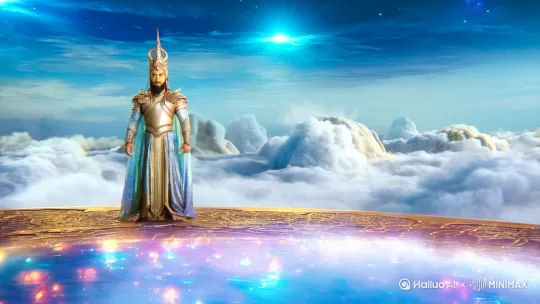 倒霉的混沌
混沌是一个神的名字，负责管辖中央天空，据说他是天帝的亲儿子。混沌和管辖南海天空的攸以及管辖北海天空的忽是很好的朋友。
攸和忽经常到混沌那里，混沌每次都热情地接待他们。有时候，混沌高兴起来，还亲自到堂前为两位朋友跳舞助兴。
有一天，攸和忽不约而同地前往混沌家。半路上，他们相遇了。两人结伴同行，一路上说着闲话。 by Hailuo AI Video Generator