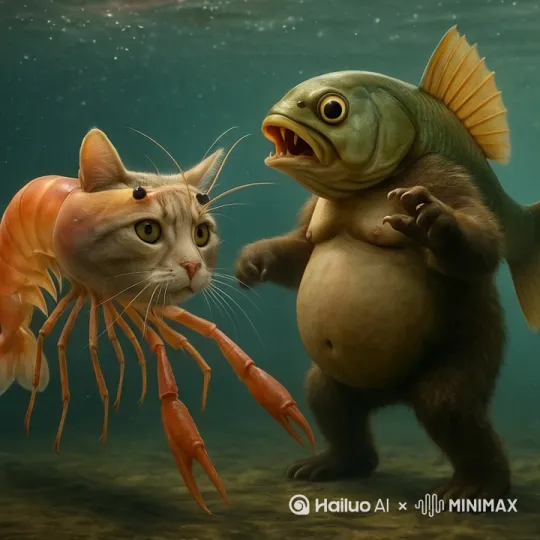 打架，鱼把虾猫打倒 by Hailuo AI Video Generator