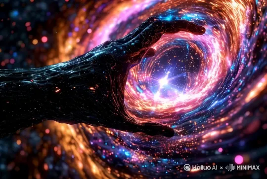 分镜1: 一只布满裂纹的黑暗巨手在宇宙虚空中握拳。星云的光辉在指缝间流动，暗紫色能量环绕手腕。广角镜头展现破碎星体残骸漂浮四周，快动作呈现星辰崩解的瞬间。[左移,推进,右摇] by Hailuo AI Video Generator