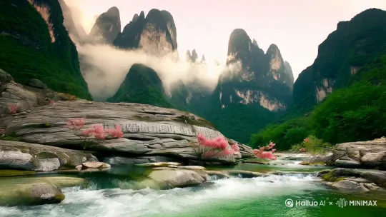《桃源灵境记》
山作青螺髻,水似碧罗带。远峰含黛处,数缕云丝缠着山腰,宛如仙人随手抛落的素练。近看苍岩叠皱,苔痕斑驳如古篆,石隙间斜伸出几枝野桃,粉瓣沾着宿雨,风过时便有三两片坠入溪心。
溪是活的。清可见底的水在青石上淌过,时而激起银星似的浪花,时而汇成翡翠般的深潭。竹影浸在流水里,被揉碎成万千墨痕,忽又被一尾红鳞衔走。溪上横着苍苔古桥,青石板上留着深浅不一的凹痕,那是百年行人脚步写的无字碑。
桥那头转出个荷柴的樵子,褐衣上沾着新笋的清香。竹枝扫过石阶的声响,惊起苇丛中一对白鹭,恰与对岸飘来的桃花瓣撞个满怀。穿蓑衣的老叟蹲在矶头垂钓,钓竿弯成新月,水中倒影却碎成满河银屑。
最妙是山雨欲来时,湿云压着竹梢,溪水泛起青雾,整座山谷变成洇了水的生宣。此时若听得一声欸乃,见乌篷船从石桥下钻出,船头小童正折桃枝作笛,呜咽笛音里,连石头都要开出花来。 by Hailuo AI Video Generator
