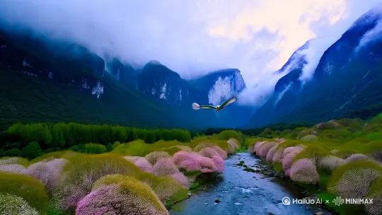 《桃源灵境·镜头手札》

远景（航拍俯冲）
群峰如青玉簪般刺破云海，雾带缠绕山腰处忽被风扯散，露出黛色山脊上星星点点的野桃树。镜头急速下坠，惊起一群白鹭，雪翅掠过之处，山涧忽现。

特写（微距镜头）
溪水在苔石上流淌的晶亮轨迹，放大可见水中游弋的透明虾虎鱼。桃花落瓣触水刹那，水面倒影里忽然闪过樵夫的身影——实则是岸边老竹被风压弯的虚像。

动态运镜（轨道横移）
沿溪流推进，前景是沾满露珠的蜘蛛网，中景三两块馒头状圆石浸在水中，石面青苔随水流方向微微颤动。背景虚化的竹林中，忽有朱色衣角一闪而过。

光影魔术（逆光拍摄）
黄昏光线从石桥孔洞斜射，将桥墩浮雕的瑞兽纹投影在水面。行人的草鞋踏过光斑时，惊起水中银鱼群，鱼鳞反光在桥洞内壁投下流动的光斑，宛如星河倒灌。

声音设计（环境音入画）
樵子捆柴的绳索摩擦声渐近，混入远处捣衣砧的闷响。镜头突然切至水下，沉闷的击打声里，看见桃花瓣慢慢沉向铺满鹅卵石的溪底，其中一瓣正巧盖住沉睡的赑屃石刻。[左移,上升]

意外镜头（打破宁静）
牧童的竹笛突然走调，镜头急速转向对岸——原是老猿偷摘山桃压断了树枝。簌簌坠落的桃红里，乌篷船头的老者笑纹漾开，皱纹里藏着去年酿的梅子酒香。[右移,跟随]

（每个画面预留0.5秒"呼吸感"，让水墨韵味在镜头转换间流动）[右摇,变焦推进] by Hailuo AI Video Generator