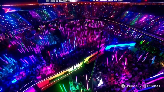 霓虹矩阵算法
• 灯牌文字库预设20种应援色(HSL随机偏移±10°),每块灯牌每3秒随机切换一次颜色,且相邻灯牌颜色差异度大于30°。荧光棒摆动采用正弦波驱动(振幅25°,频率0.9Hz),颜色在粉、蓝、绿间循环渐变(渐变周期1.5秒)。人群生成算法细化:灯牌持有率35%,荧光棒60%,手持手机拍摄者5%。
• 加入随机闪烁效果,5%的灯牌/荧光棒每2秒进行0.1秒的高亮闪烁(亮度提升至120%)。
镜头运动
• 虚拟摇臂从3号观众区顶部以2.2m/s速度横移,路径预设3处轻微颠簸(模拟机械震动,幅度±0.3m)。运动模糊采样提升至24帧混合,增强动态流畅感。
• 每10秒触发一次镜头轻微旋转(角度±3°),模拟人工操作的自然误差。
视觉增强
• 开启光晕衍射(Flare Intensity: 0.8),荧光棒尖端生成星芒效果。添加屏幕溢色效果(Spill Amount: 20%),使霓虹光线在周围观众脸上形成色彩漫反射。地面反射观众光源,粗糙度0.6,反射强度30%。 by Hailuo AI Video Generator