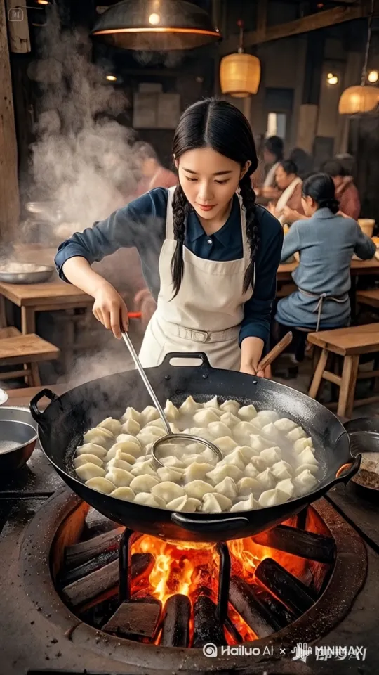 女人轻轻的搅动锅里的饺子，饺子慢慢的变成活生生的小鸡崽，有些小鸡仔在沸腾的水里游动，有些都跳出来了，所有人都很懵逼 by Hailuo AI Video Generator