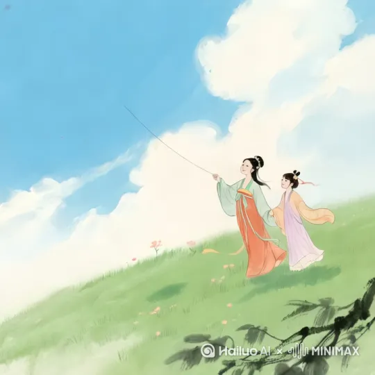 春暖花开，古装母女在草地上放风筝[左移,跟随] by Hailuo AI Video Generator