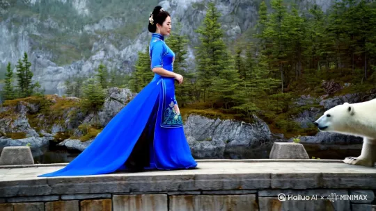 一个穿蓝色旗袍的民国美女，在小桥边与一只幼崽北极熊散步，4k高清真实民国风，电影质感。10秒时长。[右移,左摇,跟随] by Hailuo AI Video Generator