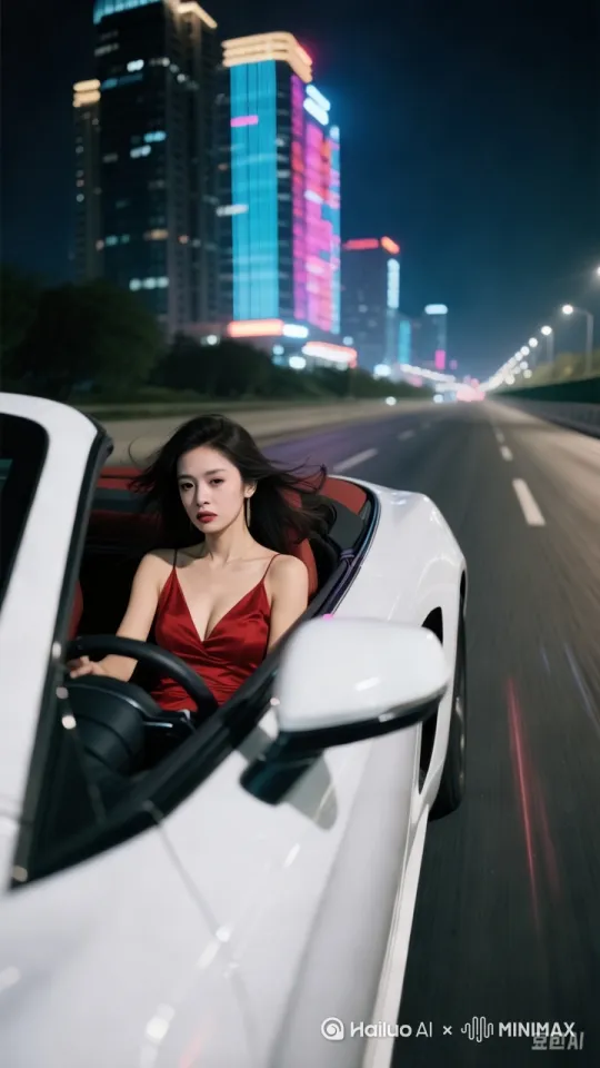 分镜1: 一辆白色敞篷跑车在霓虹闪烁的城市街道上飞驰。驾驶座的女性单手稳定握住方向盘，被夜风吹拂的长发在霓虹光影中飞舞。摄像机跟随车辆平稳移动，高楼群玻璃幕墙折射的灯光形成流动的光带。

分镜2: 近景视角中女性侧脸轮廓被流动的都市光影勾勒。纤长手指将飞扬发丝别至耳后，眼眸深处映着后视镜折射的璀璨灯河。背景虚化的摩天楼群以慢速拖影效果营造速度感。[右移,左摇,跟随] by Hailuo AI Video Generator
