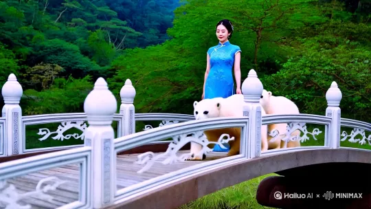 一个穿蓝色旗袍的民国美女，在小桥边与一只北极熊幼崽一起散步，4k高清真实民国风，电影质感。10秒时长。 by Hailuo AI Video Generator