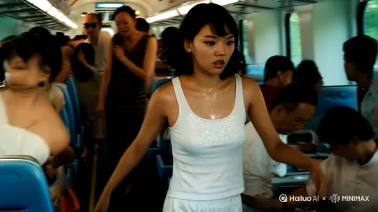 年轻的漂亮亚洲女子，穿着白色吊带和短裤，胸口都是汗珠，从湿热拥挤的火车车厢，跑到，一个很大的带空调的白色盥洗室，一个亚洲瘦老头背对着趴在床上，在等待着她。镜头跟随，先右再左 by Hailuo AI Video Generator
