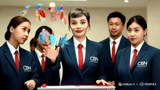 在中国广电营业厅场景中，身着中国广电工装的营业员进行悬浮魔术表演。只见他们操控着悬浮道具，随后摘下道具上覆盖的红色毛巾，露出下方的白板。白板上清晰写着“中国广电惠民卡套餐19元/月，享100G流量+100分钟通话”。表演结束后，美女营业员面带幸福笑容，做出OK手势。  全部用中文生成 by Hailuo AI Video Generator