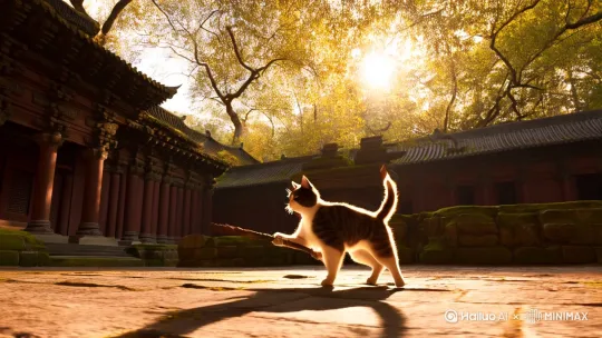 功夫小猫，先打一趟少林棍，耍帅。 by Hailuo AI Video Generator