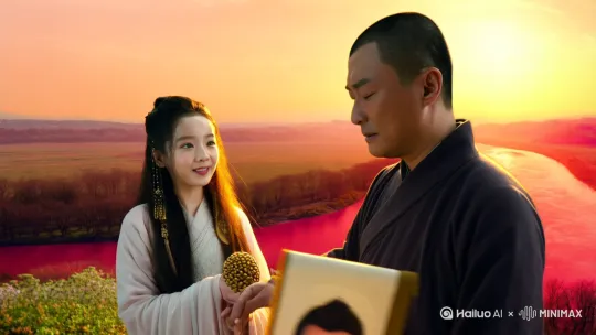 取经归来，唐僧途经女儿国，偶遇一位眉眼如画的少女——竟是女儿国国王之女。少女手持母亲珍藏的画卷，画中正是当年御弟哥哥的俊朗模样。她狡黠一笑：“圣僧，母亲说您一生最怕‘情’字，可您看这画……她从未放下。”唐僧指尖微颤，袈裟下的佛珠突然断了线，菩提子滚落满地。少女弯腰替他拾起，发间幽香如故国春风，他恍惚听见二十年前那声哽咽的“御弟哥哥”。此刻，夕阳染红子母河，他忽然想起那个未敢饮下的承诺。少女歪头问：“若您当年留下，我该唤您‘父亲’吧？”唐僧闭目苦笑，原来八十一难皆可渡，唯有这一劫……从未逃过。有电影画面质感 by Hailuo AI Video Generator