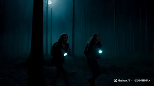 夜晚，巨大的树林，无人区，黑暗，恐怖气氛，两个人在树林里探险，有手电筒，微弱的光束。两人慢慢往前走，两人表情惊恐。
突然，背后出现一个黑影，两人表情惊恐，回头看去，是一个纯黑色的怪兽，追赶二人，二人拼命往前逃命。
下一秒，原来是噩梦，二人从明亮温暖的家中醒来，相视一笑。
最后一个镜头，怪兽在屋外环绕，把门打开了 by Hailuo AI Video Generator