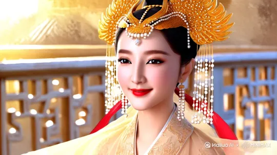特写，公主，半写实水彩淡彩风格，水墨晕染效果，精致古典妆容，金色凤冠霞帔，珍珠流苏垂坠，柔美端庄气质，朱唇微启，杏眼含情，暖金色调为主，丝绸光泽质感，背景虚化的宫殿雕栏，柔和侧光烘托华贵感，宣纸肌理与细腻笔触，传统工笔勾勒细节，现代光影层次，气韵生动，衣饰繁复而不失轻盈，水彩流动纹理，薄纱透明层次，金线刺绣纹理，古典美学与现代插画融合，珍珠光泽点缀，朦胧光晕效果，细腻肤质渲染，红绸飘带轻舞，富贵典雅意境，颗粒感纸张质感，传统纹样与现代构图平衡 by Hailuo AI Video Generator