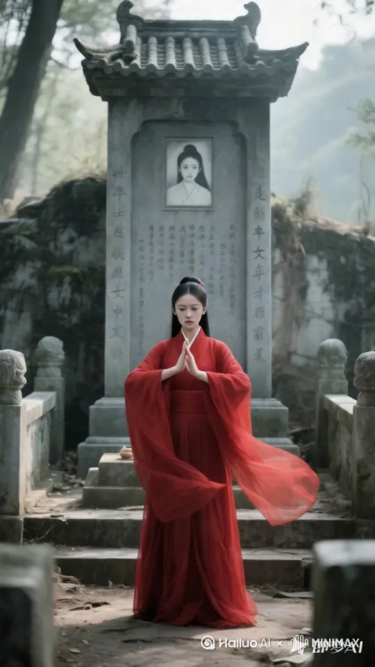 镜头聚焦墓碑，红衣女子双手快速结印，身体周围空气开始扭曲。红衣女子的身体逐渐变得透明，最终完全消失，只留下墓碑和微微升起的白雾。 by Hailuo AI Video Generator
