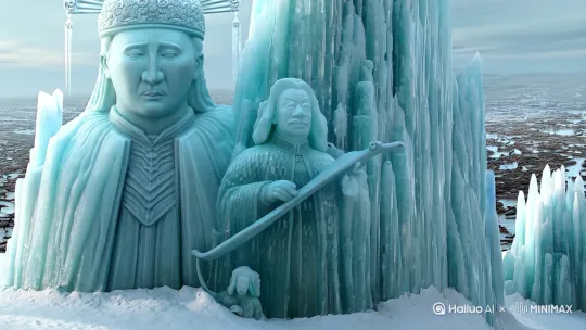 巨幅冰棱镜面矗立雪原，镜中浮现朦胧历史剪影——秦始皇冕旒凝霜、成吉思汗弯弓覆雪，背景以烧箔技法呈现消融的金戈铁马。镜外现代登山者红袍如火，足迹延伸向云端，暗扣“数风流人物，还看今朝”的时空对话。[变焦拉远] by Hailuo AI Video Generator