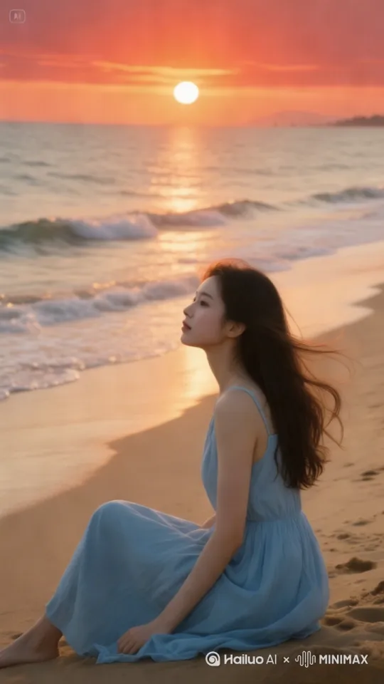 站站起来在海边散步[推出,上升,下摇] by Hailuo AI Video Generator