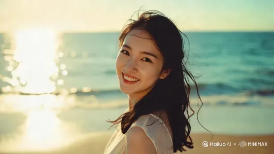[固定镜头]海面波光粼粼，美女微笑，风微微吹动着头发 by Hailuo AI Video Generator
