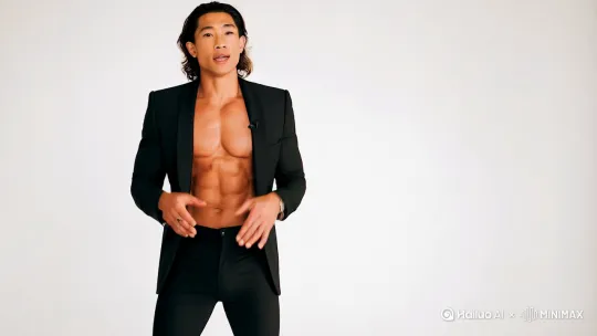 一位拥有王俊凯与易烊千玺结合面部特征的男性，身着修身黑色西装裤，展露轮廓分明的胸肌与腹肌。中分发型微卷的发丝垂落额前，站在镜头前双手自然垂放做讲解的动作，背景：白色 by Hailuo AI Video Generator