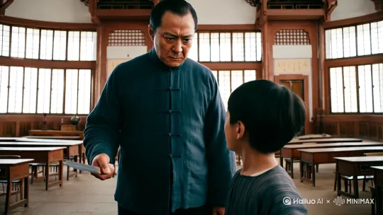 “在古代学堂，一位父亲手持戒尺，严厉地训斥着犯错的儿子。孩子眼中满是恐惧与委屈，不敢抬头。‘严师出高徒’，但过度的苛责真的好吗？稚子之心如春苗，苛责之风摧其长；家教非枷锁，育才当如引清泉！选择智慧的教育方式，让孩子在爱与自由中成长，才是最好的家教。”超广角镜头[推出,上升,下摇] by Hailuo AI Video Generator