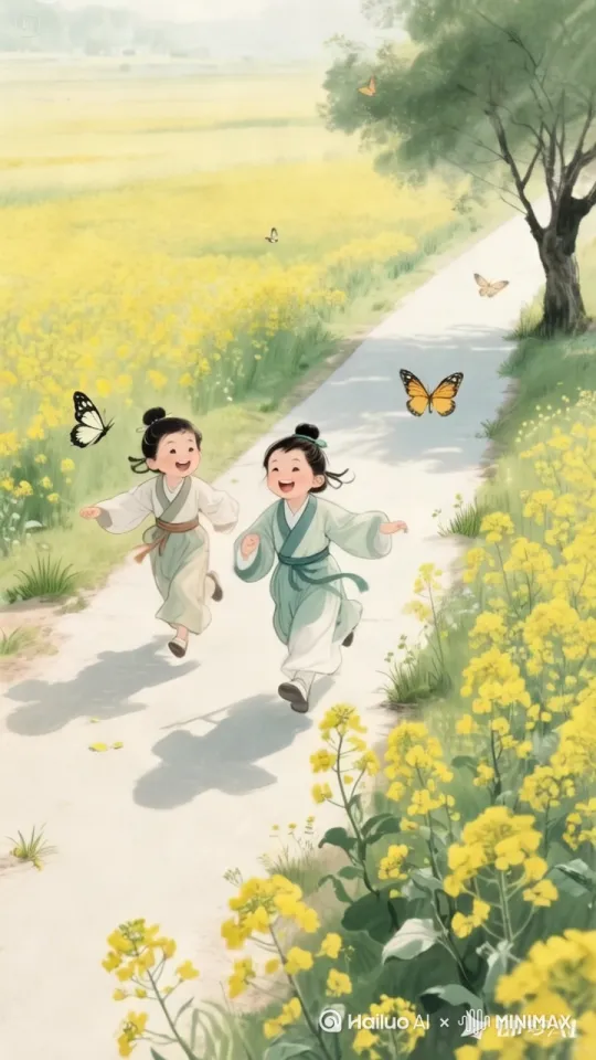 儿童急走追黄蝶，飞入菜花无处寻[左移,上升] by Hailuo AI Video Generator