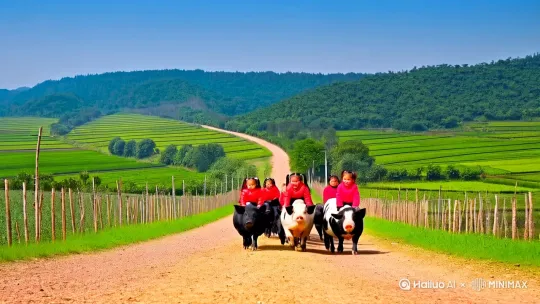 广角镜头,超高清16K真实摄影, HDR 效果,充分展现圆形围栏场地。
在中国农村的一片开阔的乡间道路上,六个大约三、四岁、扎着可爱小辫子和马尾的小女孩们,每人骑一头黑白相间的大母猪背上。小女孩身穿红色的小棉袄,脸蛋红扑扑的,眼神中透露出坚定和勇敢,两只小手紧紧抓着母猪的
毛,他们排成一排,快速的向前奔跑。
场地的地面是松软的泥土,还长着嫩绿的小草。远处是连绵起伏的青山和错落有致的农田和成排的绿树。
天空湛蓝如宝石,万里无云,阳光毫无遮挡地洒在道路上。 by Hailuo AI Video Generator
