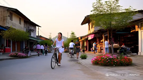 这是中国的小镇，和煦的阳光洒在夏日午后的街道，街道两旁种着小树还有鲜花，街道中间有些行人在行走或骑行，有一些小店就坐落在街道的两边，人们不紧不慢地散着步闲聊着，还有些人在整理着店铺的货物，一个开心的大概25岁的中国年轻、身材偏瘦、漂亮的女孩用力地蹬着自行车朝着镜头的方向骑来(这里镜头里的所有场景均为慢动作），她的头发用鲨鱼夹简单地扎在后面，脸上洋溢着满足的笑容，微风吹拂着她的零落的一些碎发，这是平凡又温暖的一天，镜头移动到女孩的侧面，并在此定格，定格在女孩正在骑行的动作中[左移,右摇,跟随] by Hailuo AI Video Generator