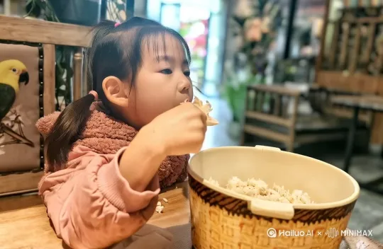 女孩大口吃饭，身后画面中的鹦鹉飞过来吃饭粒。 by Hailuo AI Video Generator