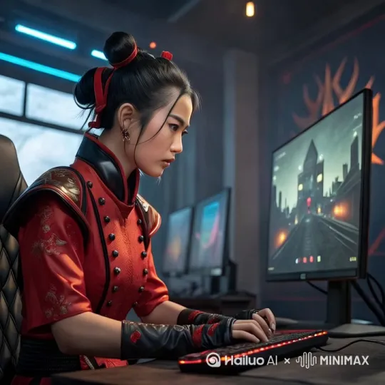人物认真打游戏的画面，镜头要从右往左适当移动 by Hailuo AI Video Generator