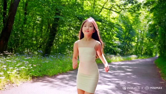 国色天香的中国少女大概18岁，绝世容颜，青春活力奔跑在树林间，路边有野花阳光，透过树叶洒下景色迷人，要求细节到位，动作自然流畅。大师级摄影水平级。女孩身穿吊带紧身连衣裙，勾勒出妙曼身材，画质要求高度清晰32k by Hailuo AI Video Generator