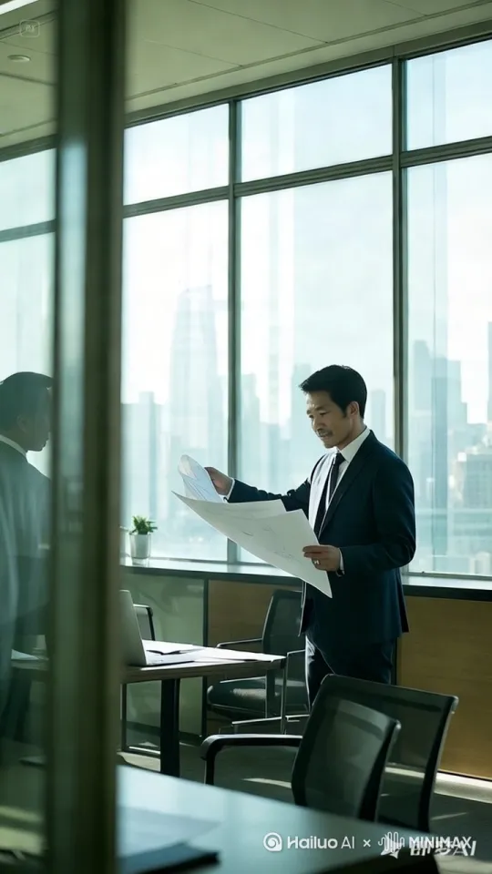 真实摄影,高质量,超清画质,身着整洁西装、自信拿着设计图纸与同事交流的农民工为画面主体 + 背后是落地窗外繁华城市景色,阳光洒落,明亮宽敞且尽显辉煌氛围的办公室场景 + 主体自然地与同事进行交流 + 拉远镜头的全景构图,全面展示人物与环境 + 现代写实艺术风格 + 图像质量高清锐利。专业构图,达芬奇大师后期调色 by Hailuo AI Video Generator