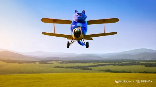画一只很胖很胖的蓝色猫。开着飞机，降落到地上 by Hailuo AI Video Generator