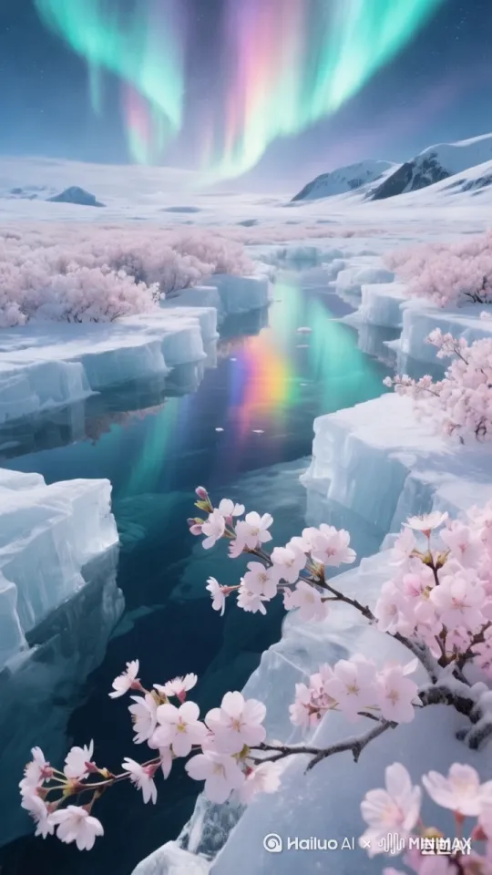 而就在这冰天雪地之中，粉色的樱花树肆意绽放。那娇嫩的花瓣，粉粉嫩嫩，与周围的冰雪形成了强烈的视觉冲击，美得让人窒息。前景中，樱花枝条伸展着，花朵上还带着些许未化的雪，像是大自然为它们戴上的晶莹头饰。 by Hailuo AI Video Generator