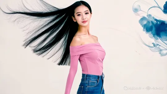这幅插画以现代水墨画风格展现了一位充满自信与魅力的年轻女子。她长长的黑色秀发轻轻飘动，增添了一种灵动的美感。她身着浅粉色露肩长袖上衣，突显出优雅的颈部和胸部线条，搭配修身的蓝色牛仔裤，背景为单一的浅色，使她的身形和服饰格外突出。流畅且富有表现力的笔触将传统水墨画技法与现代时尚感完美融合，捕捉到了她的优雅与灵动气质。
[右移,跟随] by Hailuo AI Video Generator