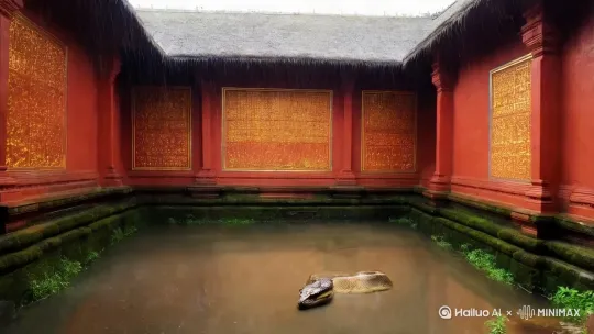 神秘场景短视频文案（15秒版）

画面1（远景拍摄寺庙红墙金瓦，镜头下移露出湍急洪水沟）
音效：低沉的风声呼啸
字幕：暴雨后的诡异一幕！
配音：“谁能想到寺庙旁的洪水沟，竟藏着不速之客！”

画面2（特写两条蟒蛇在水中蜿蜒游动，鳞片泛着冷光）
音效：惊悚的弦乐骤起
字幕：两条巨蟒现身！
配音：“看！它们正在浑浊的洪水中肆意游弋，这场景太震撼了！”

画面3（镜头拉远，蟒蛇与寺庙同框，氛围神秘诡异）
音效：渐弱的神秘音乐
字幕：它们为何出现在这里？
配音：“点击关注，一起揭开这场奇遇背后的秘密！”

30秒故事版

画面1（暴雨初歇，镜头摇晃着穿过湿漉漉的寺庙长廊，檐角滴落雨水）
音效：雨滴声、远处闷雷
字幕：暴雨后的清晨，寺庙僧人发现异常
配音：“一场暴雨过后，XX寺庙旁的洪水沟突然喧闹起来……”

画面2（俯拍视角，浑浊水面突然翻涌，两条蟒蛇探出三角形头颅）
音效：惊悚音效+急促呼吸声
字幕：两条巨蟒！正在洪水沟中游弋！
配音：“谁能想到，平静的水面下竟藏着两条巨蟒，它们扭动的身躯让人头皮发麻！”

画面3（特写蟒蛇鳞片与游动轨迹，背景传来僧人的诵经声）
音效：诵经声与水流声交织
字幕：是吉是凶？寺庙与蟒蛇有何关联？
配音：“古老寺庙与神秘巨蟒的相遇，是巧合还是另有隐情？”

画面4（黑屏，白字弹出：关注解锁后续！）
音效：悬念音效收尾
配音：“点赞关注，下期带你探秘蟒蛇现身的真相！” by Hailuo AI Video Generator