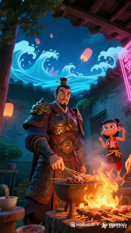 # 李靖烧烤场景生成提示词
prompt = """
A Chinese classical courtyard at dusk, warm lantern lights, bamboo shadows swaying, 
Li Jing (from 'Nezha: Birth of the Demon Child') in simple cloth clothes, grilling meat skewers over a charcoal fire, 
smoke forming faint red lotus patterns, subtle magical elements: Hun Tian Ling (red silk) floating nearby, Qian Kun Quan (golden hoop) rolling on the ground, 
armor and a worn book of divination on a wooden rack, soft sunset glow, cinematic lighting, 
detailed textures of charcoal embers and grilled food, UHD 8k, style blending ink painting with realistic textures --ar 16:9
"""
# 参数建议：--v 6（高细节渲染） --style raw（保留笔触感） by Hailuo AI Video Generator