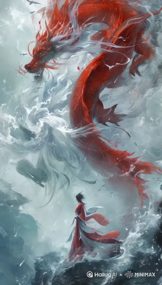 龙在云中翻腾，底下人物抬头看向远方，右下角海水奔涌，固定镜头 by Hailuo AI Video Generator