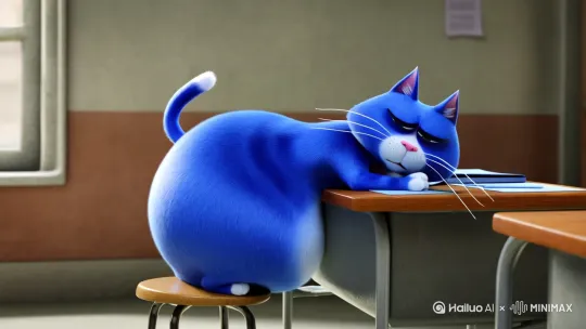 一只蓝色很胖的，直立行走的猫正坐在学校教室里的凳子上考试，一脸愁苦，突然过来了一位建筑工人，他开怀大笑，让这只猫的心情瞬间变好，站起来掀翻桌子，也跟着他一起笑 by Hailuo AI Video Generator