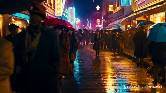 中景，推进，蒸汽风，赛博朋克。一个欧美女孩在夜晚的街头回头看向镜头，大雨，闪烁的霓虹灯，拿着伞的人群，电影感。 by Hailuo AI Video Generator