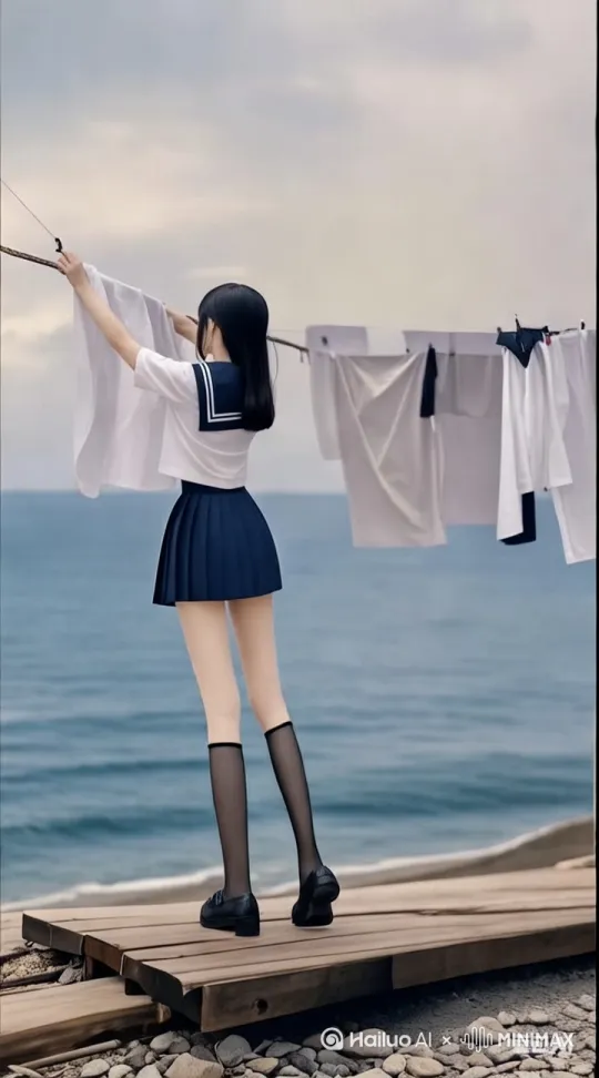 帮我生成一个视频：一个身着水手服的女孩，在海边木板平台上晾衣服，双手轻柔地将衣物挂至晾衣绳，细致调整位置，海风轻拂，她的发丝与衣物随之缓缓飘动，背景是波光粼粼的大海与悠悠蓝天白云，整体画面呈现出自然流畅的动态效果，动作舒缓而生动，尽显惬意氛围。 by Hailuo AI Video Generator