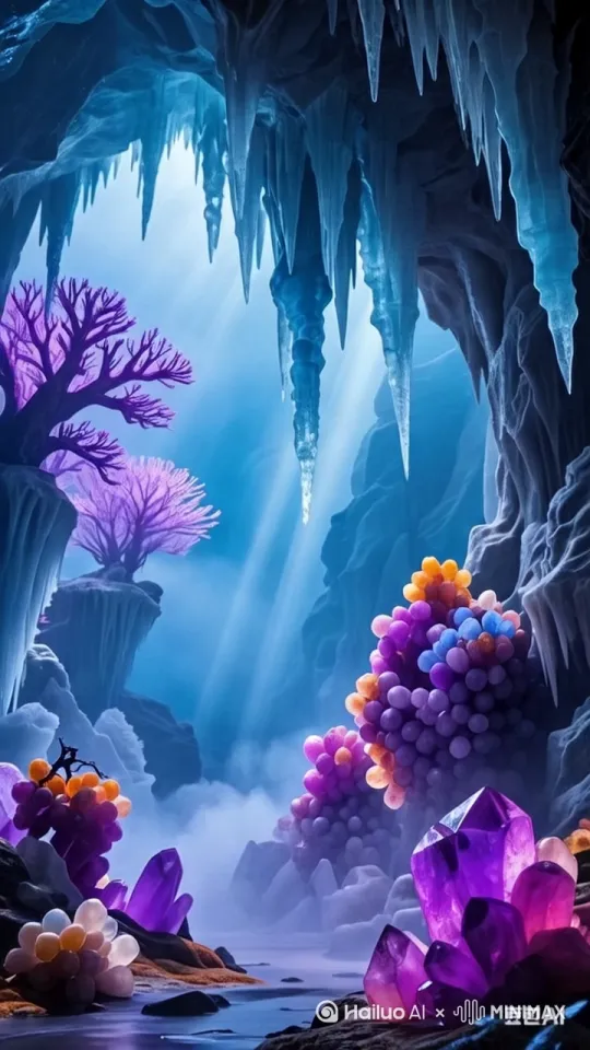 Drone shot of a massive stalactite cave entrance, sunlight filtering through cracks, revealing a labyrinth of crystalline stalactites and stalagmites. Camera tilts down to reveal a crystal-clear underground river reflecting neon-lit formations. Slow pan across bioluminescent "grape stalactites" glowing in turquoise and amber. 8K ultra-realistic, cinematic wide-angle, dynamic lighting. by Hailuo AI Video Generator