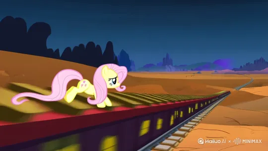 3d动画，皮克斯风格，迪士尼3d动画风格。,pov,perspective，，广角镜头。  小马宝莉，my little pony。   Fluttershy  ，  ，立体的场景，   火车车厢的顶部  ，Fluttershy  在车厢的顶部 四肢着地艰难爬行 ，on all fours， Celestia从天空跳下来 啃咬 Fluttershy  。 Fluttershy  翻身 ，无序Discord，激烈的战斗 ，荒漠的夜晚。 过肩镜头 表情丰富， 翻白眼，  表情夸张， 打手势，说话，摇头晃脑，。3d rendering。广角镜头。然后 切换镜头 cleaning，，cooking ， ，shower，，Sewing clothes，Fluttershy ，，jump，eat， Starlight Glimmer ，sleep，Princess Celestia， 。透明的急救输液血袋   打吊针  。  废土，末世，绝望，残酷，阴郁，3d animation ，3d动画。 by Hailuo AI Video Generator