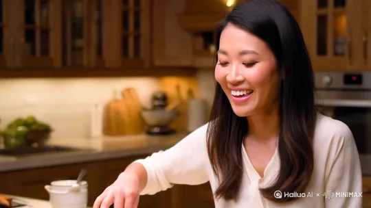 美女主播在厨房里拿起麻婆豆腐调料包，向她的粉丝们推荐这款麻婆豆腐调料包，保持近景镜头 by Hailuo AI Video Generator